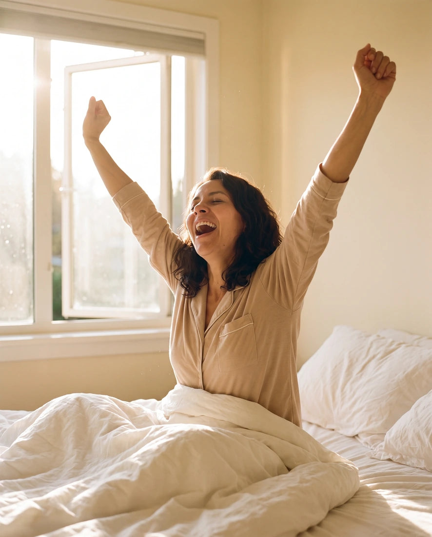 Mujer 40+ amaneciendo descansada, luz cálida
