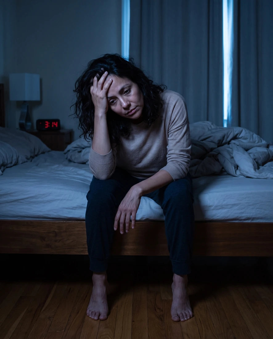 Mujer 40+ despierta a las 3 a.m., mirando el techo