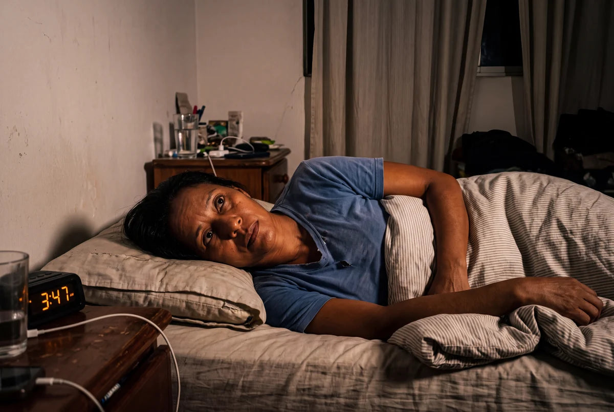 Mujer despierta en la cama de madrugada