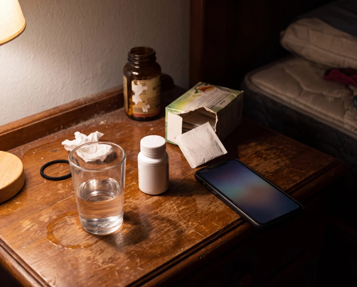 Mesa de noche con melatonina, té y multivitamínico