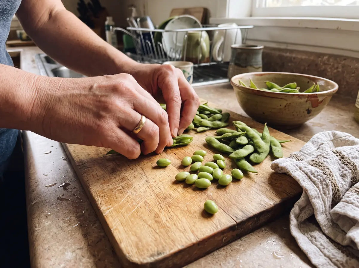 Manos sobre una tabla de cocina con granos de soya, luz de día