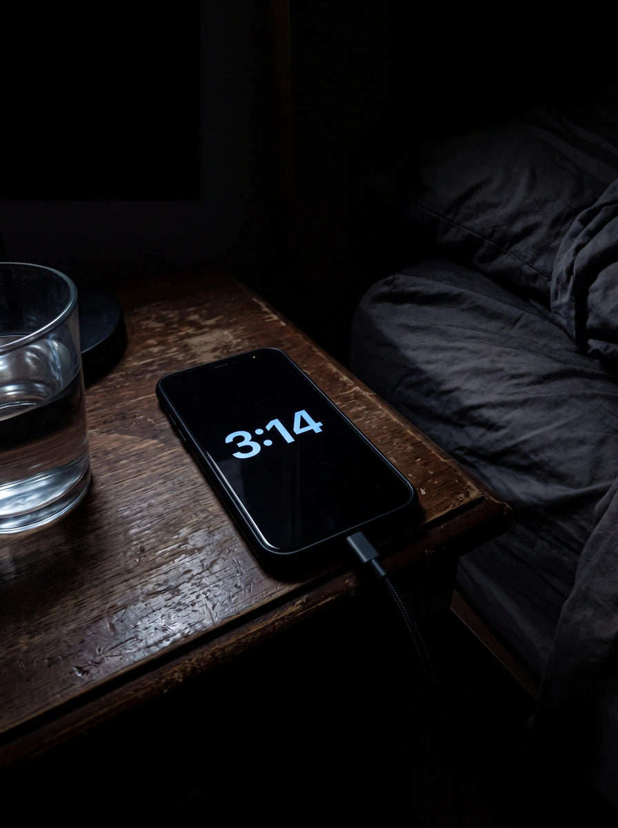 Celular en la mesa de noche marcando las 3:14 de la madrugada