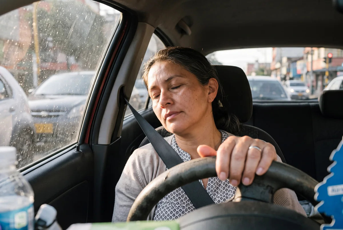 Mujer con los ojos cerrados un momento frente al computador, luz de tarde