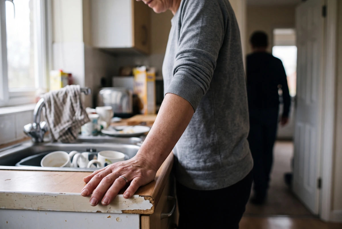 Mano apoyada en el mesón de la cocina, alguien saliendo del cuadro al fondo